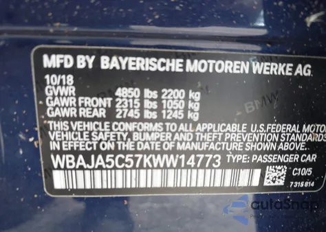 2019 BMW 530I из США, поврежденный, VIN WBAJA5C57KWW14773